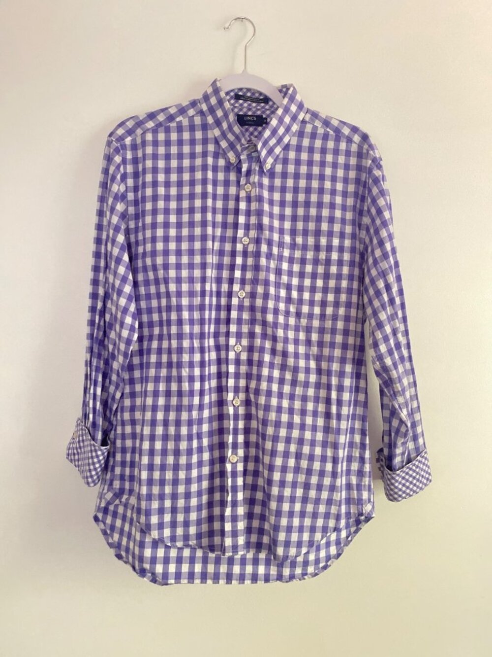 Lincs Men's Purple & White Gingham Button-Down Shirt Size M 100% Cotton